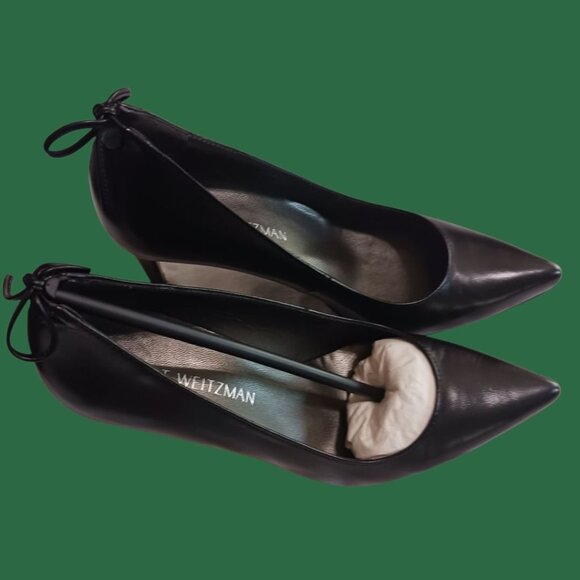 Stuart Weitzman Peekamid Black Leather Pointed Toe Heels Bow Detail 36.5/6 - Picture 11 of 15